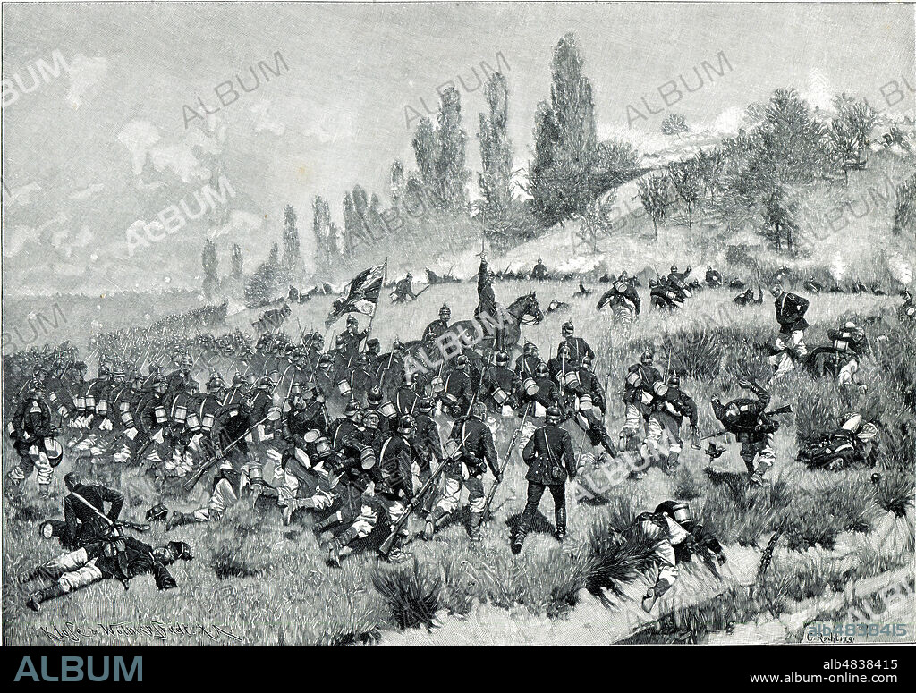 Bataille de Forbach-Spicheren, 6 aout 1870. Illustration de 1895 par Carl ROCHLING (1855-1920) pour Der krieg gegen frankreich und die einigung deutschlands par Theodor LINDNER (1843-1919). Credit : Collection Pineau/Kharbine-Tapabor.