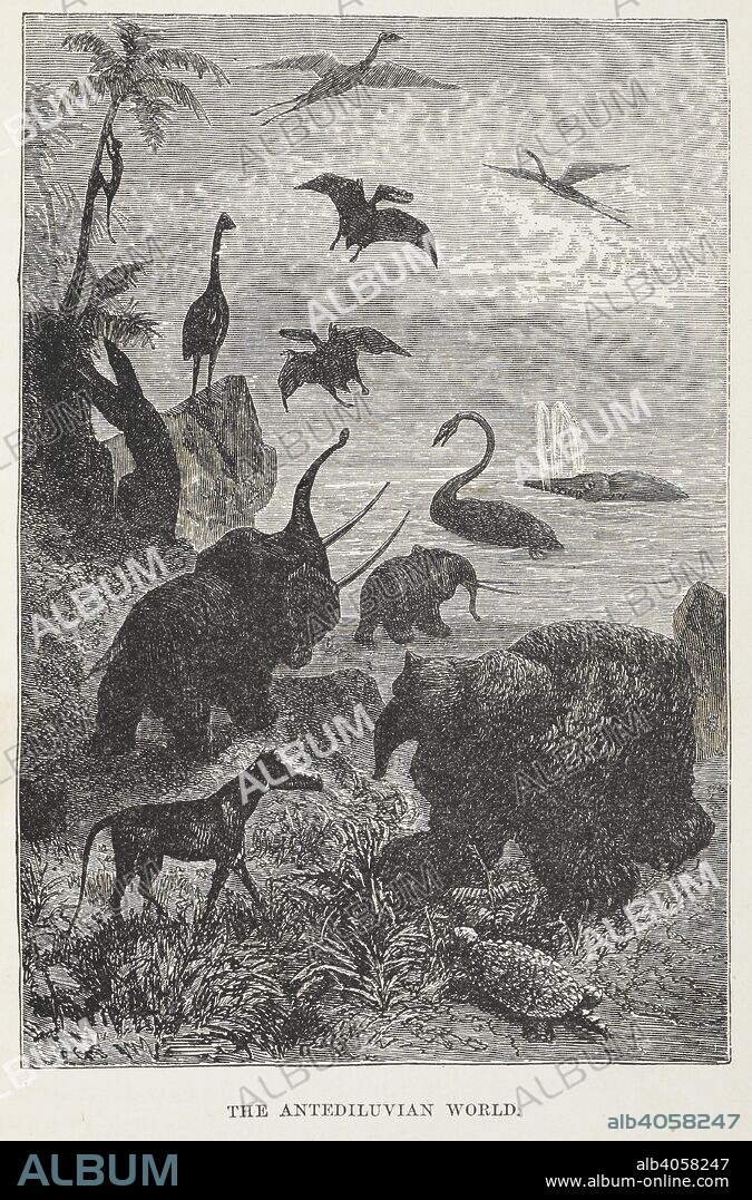 JULES VERNE. "The Antediluvian world". Illustration showing prehistoric animals. A Journey to the Centre of the Earth New edition With illustrations, etc. Griffith & Farran: London & Sydney, [1891.]. Source: 012548.eee.6 opposite 244. Language: English.