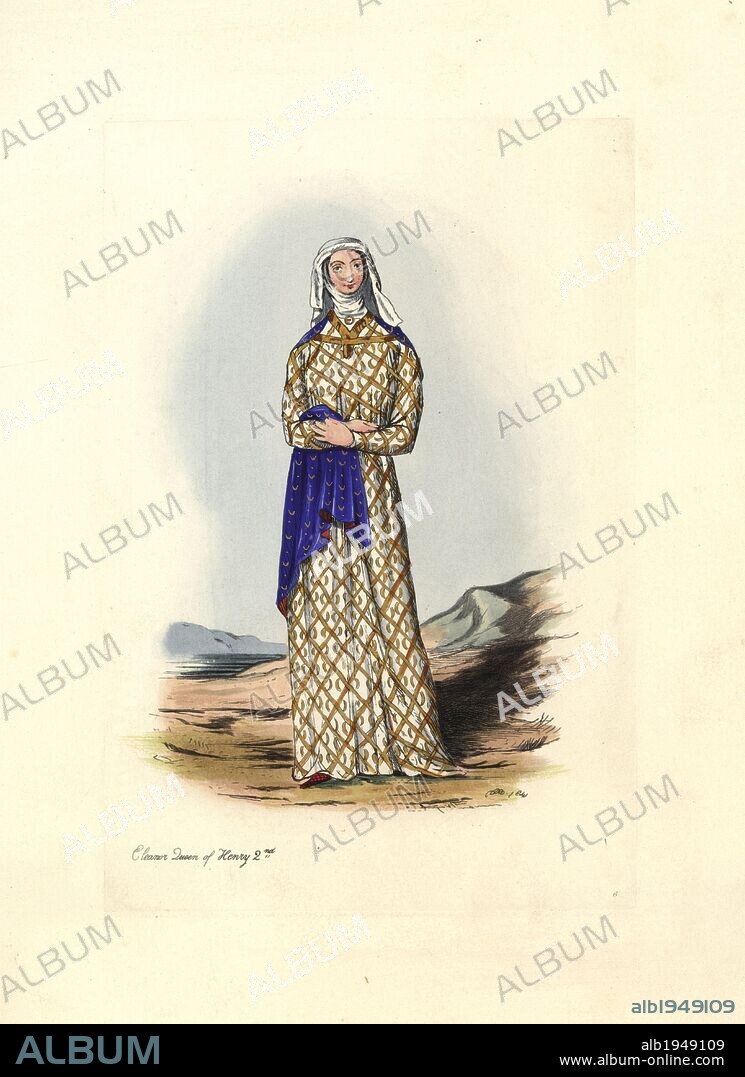 Eleanor of Aquitaine (1122-1204), Queen of Henry II. She wears a long dress embroidered with gold, a blue mantle, white veil and wimple. Drawn from the effigy in Fontevraud Abbey from Stothard's Monumental Effigies. . Handcolored engraving from "Civil Costume of England from the Conquest to the Present Period" drawn by Charles Martin and etched by Leopold Martin, London, Henry Bohn, 1842. The costumes were drawn from tapestries, monumental effigies, illuminated manuscripts and portraits. Charles and Leopold Martin were the sons of the romantic artist and mezzotint engraver John Martin (1789-1854).
