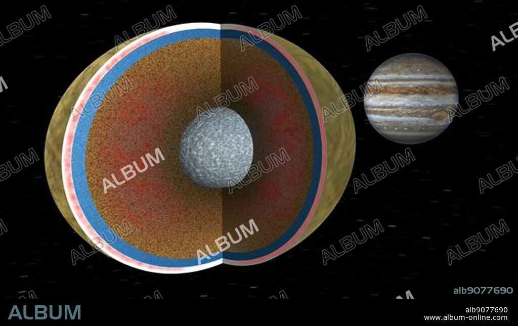 Jupiter's moon Europa, is seen in a cutaway view through two cycles of its 3.5 day orbit about the giant planet Jupiter. Like Earth, Europa is thought to have an iron core, a rocky mantle and a surface ocean of salty water. Unlike on Earth, however, this ocean is deep enough to cover the whole moon, and being far from the sun, the ocean surface is globally frozen over. There is a red glow in the interior of Europa's rocky mantle and in the lower, warmer part of its ice shell. This tidal heating is what keeps Europa's ocean liquid and could prove critical to the survival of simple organisms within the ocean, if they exist.