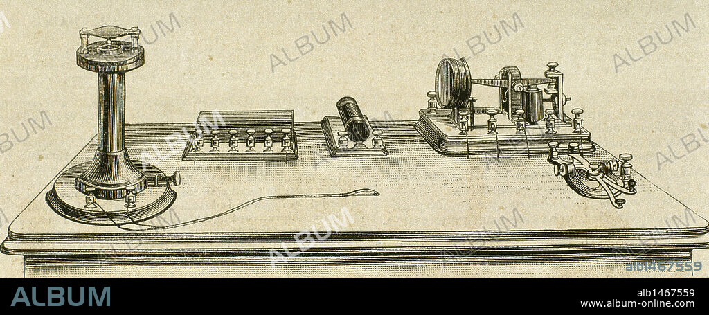 TELEGRAFO "FONOPLEX". Creado por Thomas Alva Edison (1847-1931). Grabado del s. XIX.