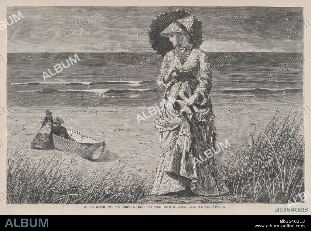 On the Beach - Two are Company, Three are None - Drawn by Winslow Homer (Harper's Weekly, Vol. XVI). Artist: Winslow Homer (American, Boston, Massachusetts 1836-1910 Prouts Neck, Maine). Dimensions: image: 9 1/8 x 13 3/4 in. (23.2 x 34.9 cm)
sheet: 10 3/4 x 15 13/16 in. (27.3 x 40.2 cm). Publisher: Harper's Weekly (American, 1857-1916). Date: August 17, 1872.