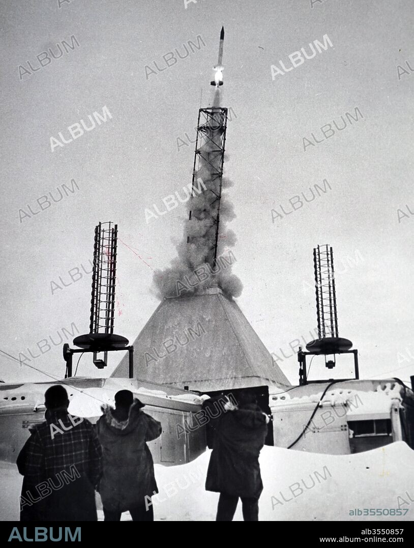 Photograph taken during the launch of the Aerobee rocket, a small unguided suborbital sounding rocket used for high atmospheric and cosmic radiation research in the United States. Dated 20th century.