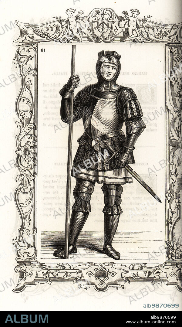 Soldier in armor of the era of Rudolf II, Holy Roman Emperor. He wears a helmet, suit of plate armor, breastplate cuirass, tunic, cuisses, greaves, and gauntlets. He is armed with sword and lance. Within a decorative frame engraved by H. Catenacci and Fellmann. Woodblock engraving by Gerard Seguin and E.F. Huyot after a woodcut by Christoph Krieger from Cesare Vecellios 16th century Costumes anciens et modernes, Habiti antichi et moderni di tutto il mondo, Firman Didot Ferris Fils, Paris, 1859-1860.