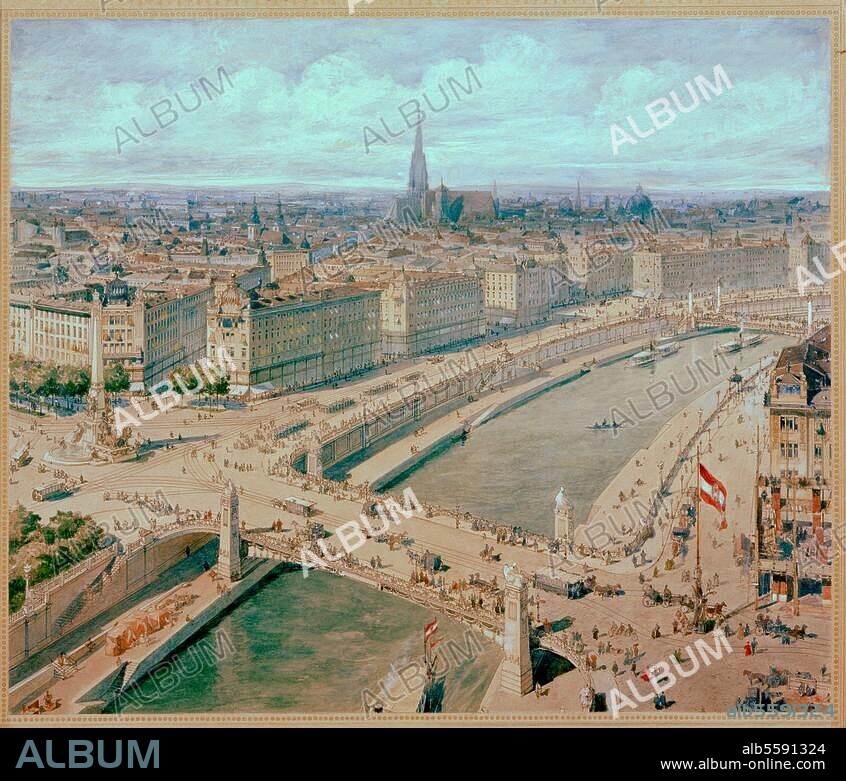 Wien (Österreich), Aspernbrücke. "Ansicht des Aspernplatzes, Wien, 1897". Präsentationsblatt von Otto Wagner. (1841-1918). Tusche und Wasserfarben auf Papier, montiert auf 98,7 × 71,7 cm. Wien, Wien Museum.