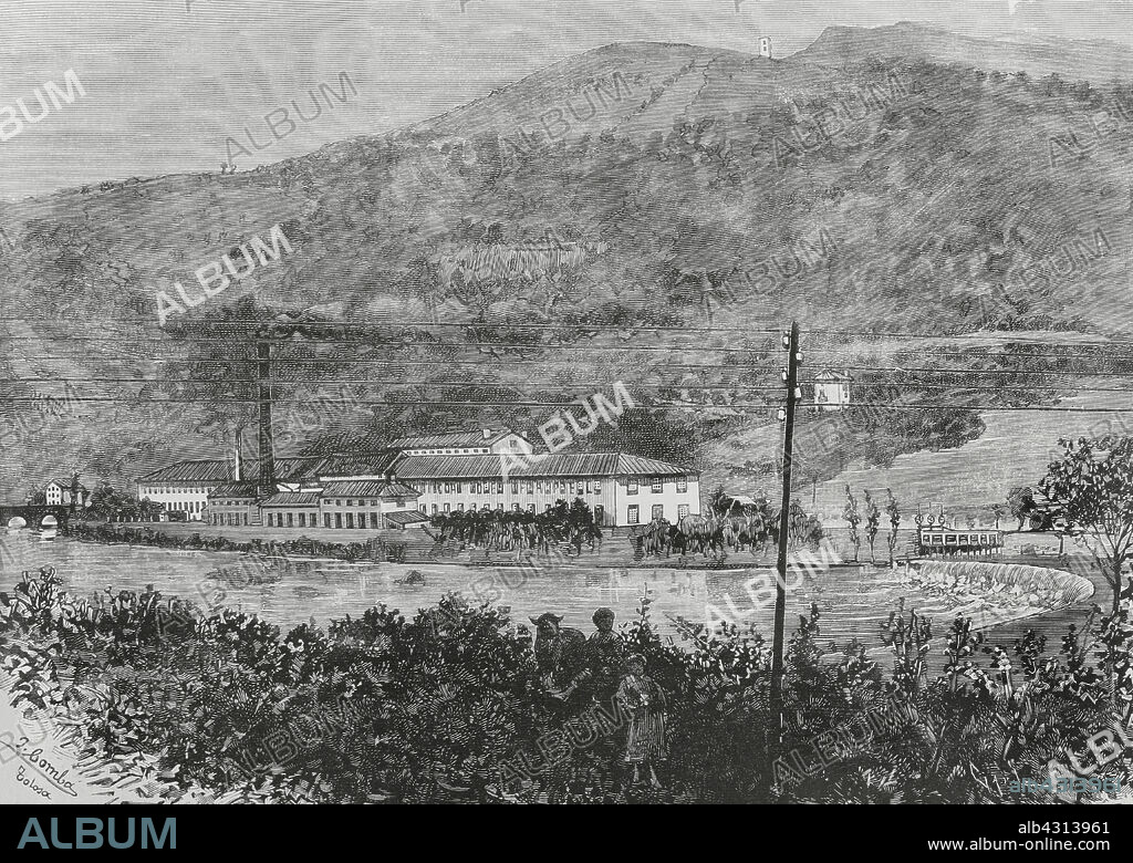 JUAN COMBA GARCÍA (1852-1924). SPANISH ILLUSTRATOR. TOMÁS CARLOS CAPUZ (1834-1899). SPANISH ENGRAVER.. History of Spain. Tolosa, Basque Country. Exterior view of the paper mill "La Guadalupe", next to the river Oria. Drawing by Juan Comba. Engraving by Tomás Carlos Capuz (1834-1899). The Spanish and American Illustration (La Ilustración Española y Americana), 1884.