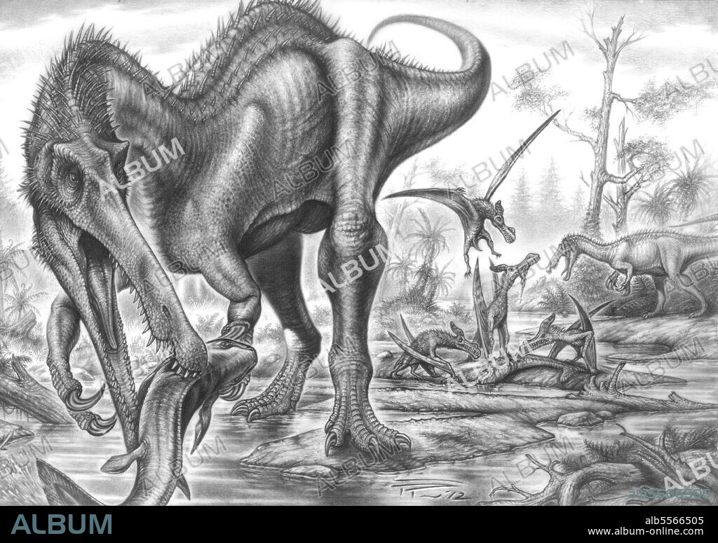 Baryonyx walkeri hunting for fish, with Caulkicephalus in the background. Micromina graphite on vellum.