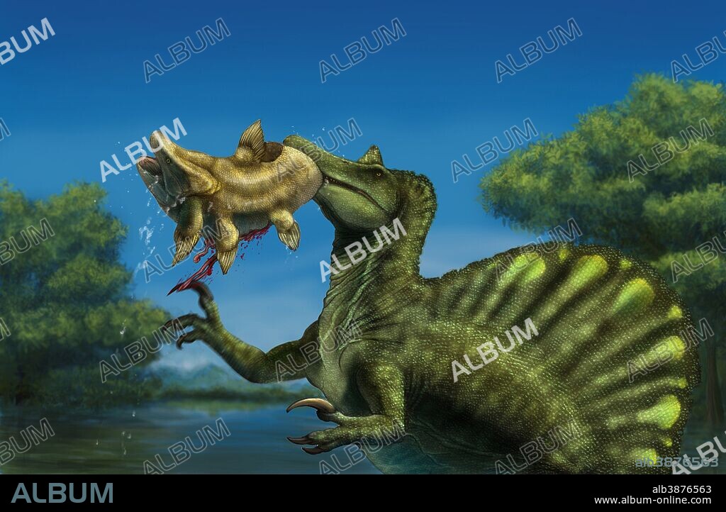 A Spinosaurus dinosaur fishing Mawsonias in a mangrove.