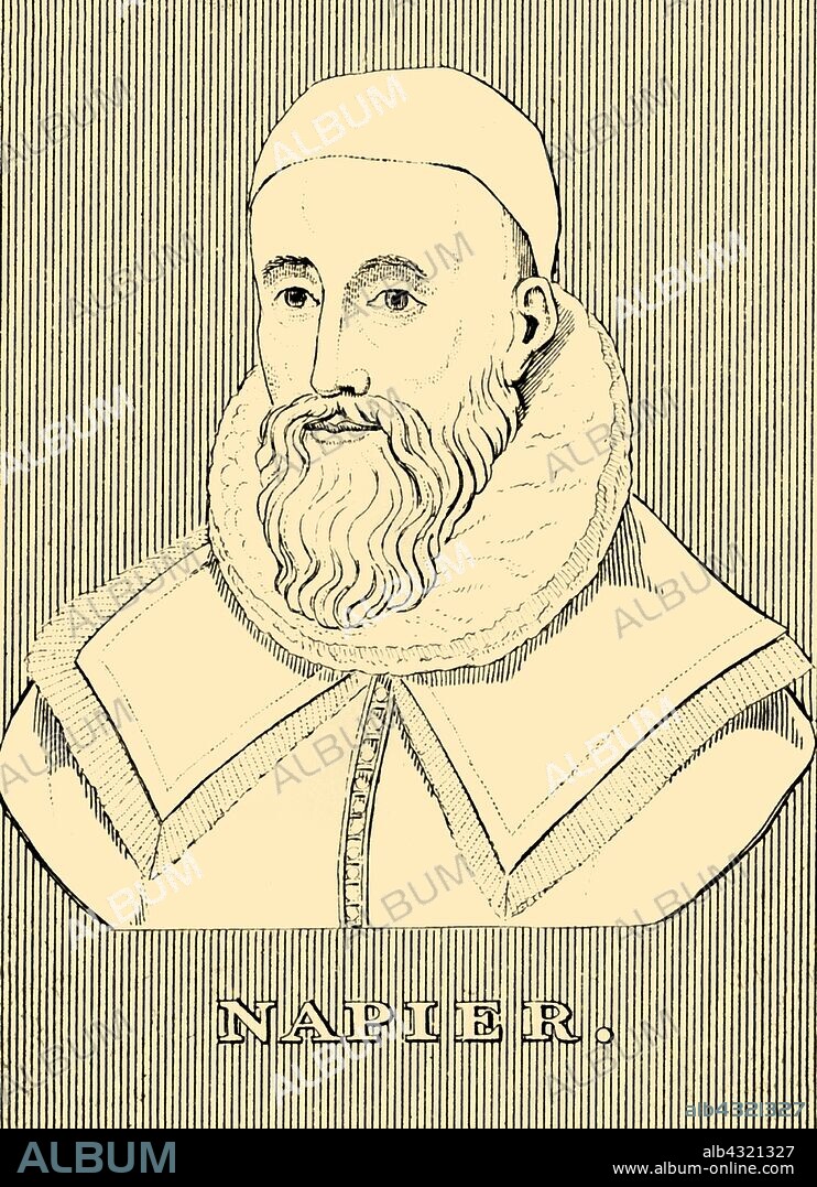 'Napier', (1550-1617), 1830. John Napier of Merchiston (1550-1617) Scottish landowner, mathematician, physicist, and astronomer, educated at University of St Andrews. He was the 8th Laird of Merchiston. From "Biographical Illustrations", by Alfred Howard. [Thomas Tegg, R. Griffin and Co., J. Cumming, London, Glasgow and Dublin, 1830].
