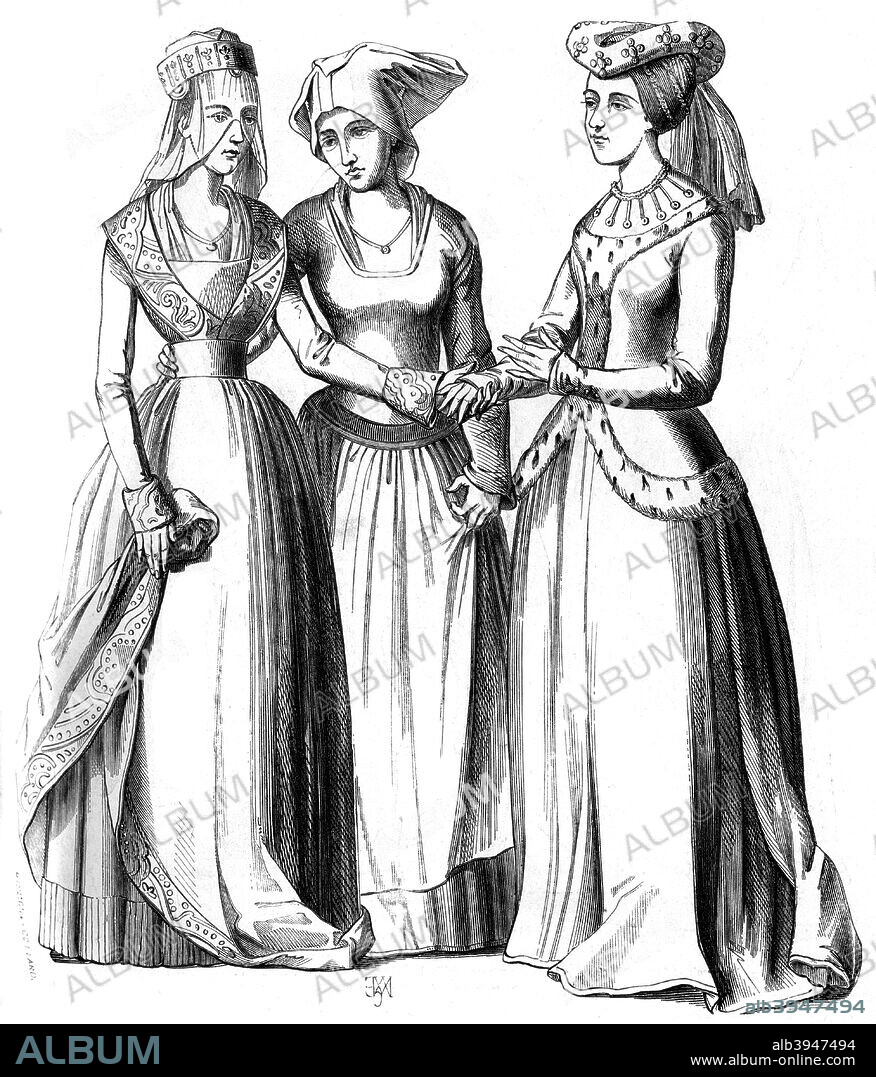 Bourgeoise, peasant and noble women, 14th century (1849). A 19th century version based on original painted windows in the church of Moulins, Bourbonnais, France. From Le Moyen Age et la Renaissance, by Paul Lacroix, Ferdinand Séré and A Rivaud, Volume III (Paris, 1849).