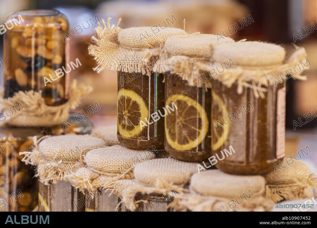Traditional orange jam, Manacor weekly market, Mallorca, Balearic Islands, Spain.