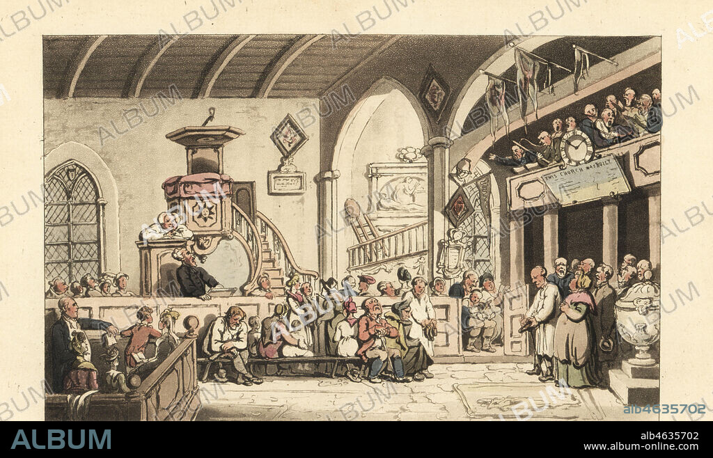 Sunday service in an country church with lord of the manor in front pew, preacher in the pulpit, and band in the balcony. Handcoloured copperplate engraving after an illustration by Thomas Rowlandson from William Combes The Dance of Life, Rudolph Ackermann, London, 1817.