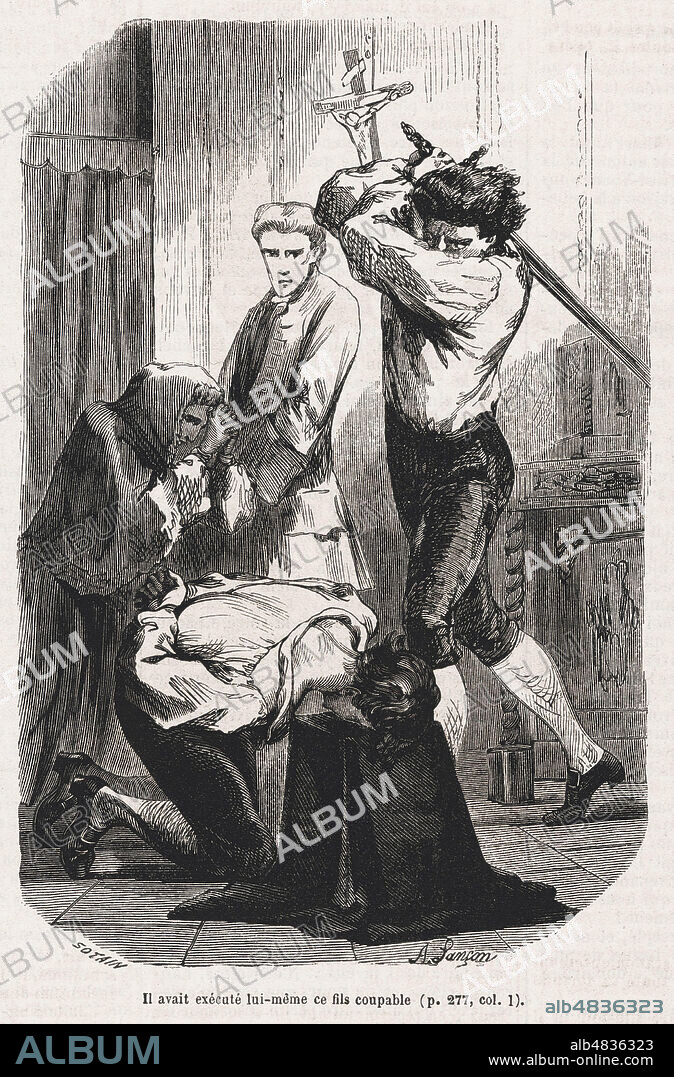 legende selon laquelle Charles Jean Baptiste SANSON (1719-1778) aurait execute lui-meme son fils coupable. Illustration de Andre LANCON (1836-1885) pour Les Mémoires des Sanson par Henri-Clement SANSON (1799-1889) reprises dans Le Nouveau Journal du 4 juin 1864. Credit : Collection Jonas/Kharbine-Tapabor.