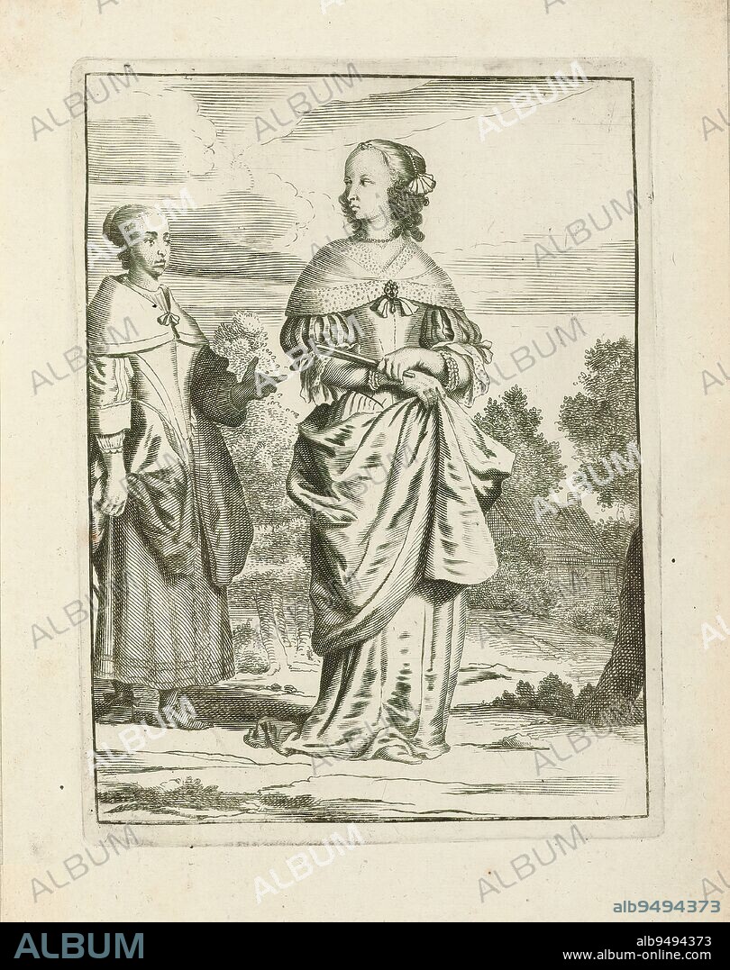 Lady and her maid, both dressed according to the fashion of 1660,, Lady, dressed according to the fashion around 1660, closed fan in left hand, holding up overskirt with her right hand. She is dressed in a gown with flat wide lace collar and sleeves with slits. She looks over her shoulder at her servant standing diagonally behind her. A house in the background., print maker: Jan van Troyen, after design by: Gerbrand van den Eeckhout, c. 1660, paper, engraving, height 174 mm × width 128 mm.