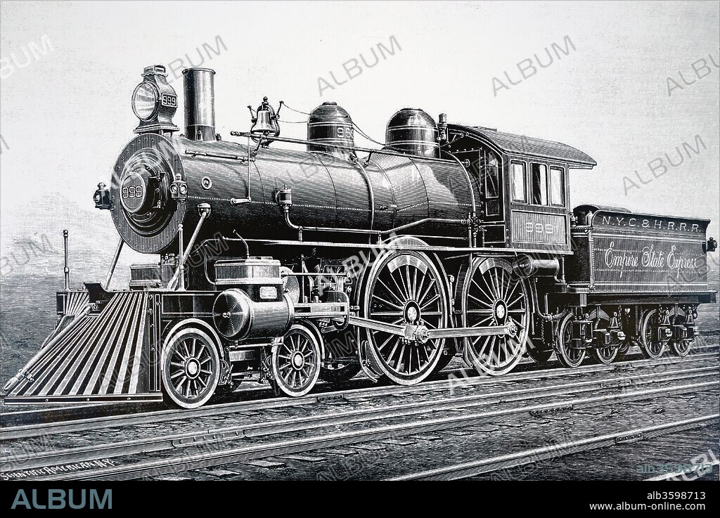Illustration depicting a Class 999 locomotive used on the New York Central and Hudson River Railroad. Dated 19th century.