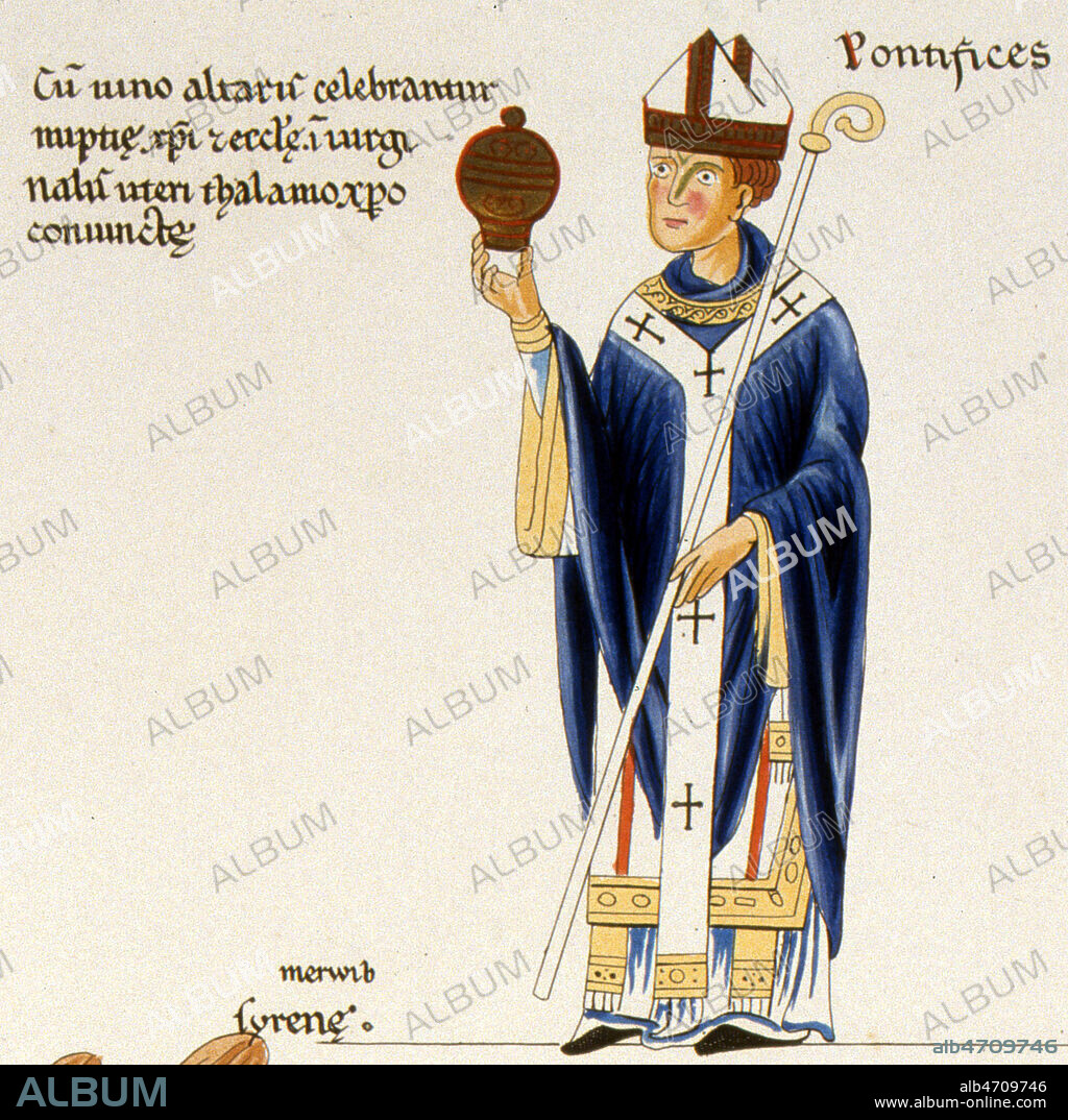 Eveque tenant un ciboire a la main avec sa tiare et son baton. Detail d'une planche du Fac-simile de 1877 de l'ouvrage de HERRADE DE LANDSBERG (abbesse et ecrivain, 1125-1193) 'Hortus Deliciarum' (Jardin des delices), sorte d'Encyclopedie chretienne, premiere encyclopedie ecrite par une femme, un des plus beaux manuscrits alsacien du XIIeme siecle (manuscrit disparu dans l'incendie de la bibliotheque de Strasbourg en 1870). conserve a la bibliotheque municipale de Versailles. Credit : Collection JEAN VIGNE / KHARBINE-TAPABOR.