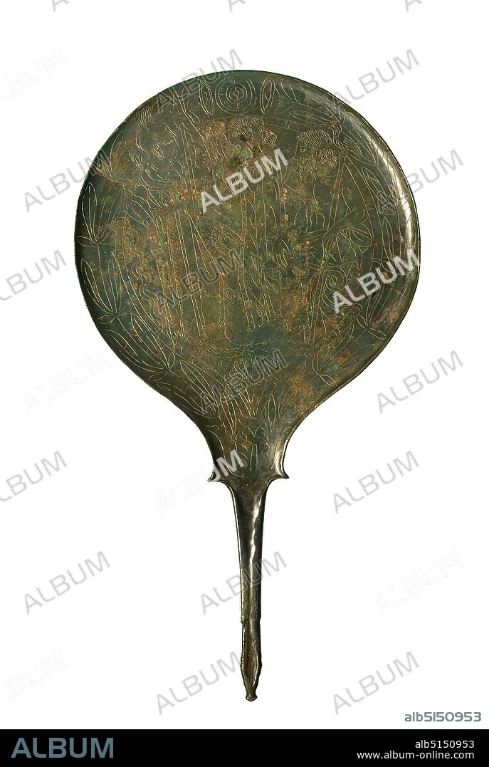 Handle mirror (Athena, Hebe and Zeus), cast, engraved, bronze, Total: Height: 32.5 cm; Diameter: 17.6 cm; Height: 11.4 cm ((handle)); Weight: 475.5 g, Early Hellenistic, The Early Hellenistic Etruscan handle mirror is cast in one piece. It consists of a pear-shaped, flat disc with an arched steep rim, a trapezoidal gusset and a conically shaped handle, the end of which ends in a deer or horse head. The protruding outer edge of the mirror disc is decorated with a tongue leaf pattern. In the gusset, strong stems and twigs sprout from a leaf calyx, which enclose the medallion in a circle. The picture field shows three figures, some of which protrude into the frame ornament. On the left, the barefoot Athena, Minerva stands on a wavy line. She is dressed in a long, belted robe decorated with zigzag borders and wears earrings and bracelets. A narrow Aegis is laid over her shoulders, with the Gorgoneion above her left breast. On her head she wears a helmet with Attic and Corinthian elements and is crowned by a large helmet bush. With her angled left arm she rests on a spear. The right arm is angled back. Behind her a large round shield can still be seen. Next to the left arm is an owl. On the right sits a bearded old man, holding with the left hand a scepter leaning against his shoulder, crowned by an eagle. In him Zeus (Etruscan Tinia) can be recognized. He has a cloak wrapped around his hips and legs. Between Athena and Zeus stands a woman turned to the left in a long, short-sleeved robe decorated with a vertical zigzag border and a branch pattern. The hair is tied at the neck. Her right hand has raised the woman to greet or speak, with her left hand she reaches behind Zeus. On the left edge of the picture three wavy lines can still be seen, symbolizing flowing water. The pictures of Etruscan art cannot always be directly equated with those of the Greeks. Against this background, Ursula Liepmann has suggested a different interpretation of the right group of figures, name.