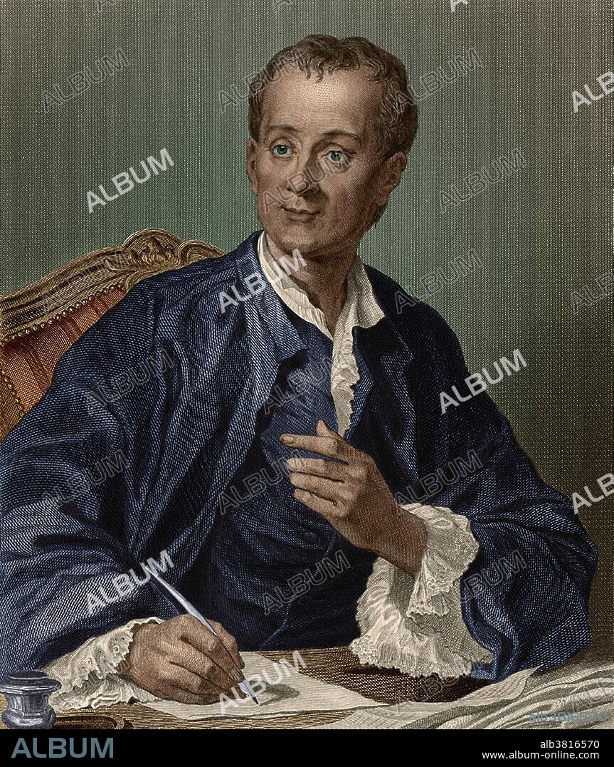 Color enhanced portrait of Denis Diderot (October 5, 1713 - July 31, 1784), a French philosopher, art critic, and writer. In 1751 he became co-founder, chief editor, and contributor to the Encyclopedie along with Jean le Rond d'Alembert. The project was mired in controversy from the start. For Diderot it was twenty years of drudgery, persecution and desertion of friends. He damaged his eyesight correcting proofs and editing the manuscripts. He spent his days at workshops, mastering manufacturing processes, and his nights writing what he had learned during the day. When his immense work was drawing to an end, he encountered a crowning mortification: he discovered that the bookseller, fearing the government's displeasure, had struck out from the proof sheets, after they had left Diderot's hands, all passages that he considered too dangerous. The monument to which he had labored was irreparably mutilated and defaced. Although the Encyclopedie was his monumental piece, he was the author of many other works that sowed nearly every field of intellectual interest with new and creative ideas. He died of gastrointestinal problems in 1784 at the age of 70. This image has been color enhanced.