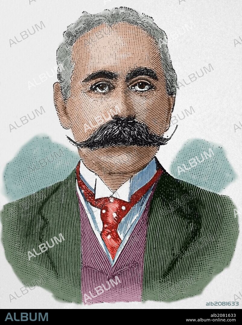 Barón Maurice von Hirsch (1831-1896) Filántropo alemán judío, que creó fundaciones de caridad para promover la educación judía y mejorar la suerte de los judíos europeos oprimidos. Fue el fundador de la Jewish Colonization Association que patrocinó a gran escala de la inmigración judía a Argentina. Grabado coloreado de "La Ilustración Artística", 1896.