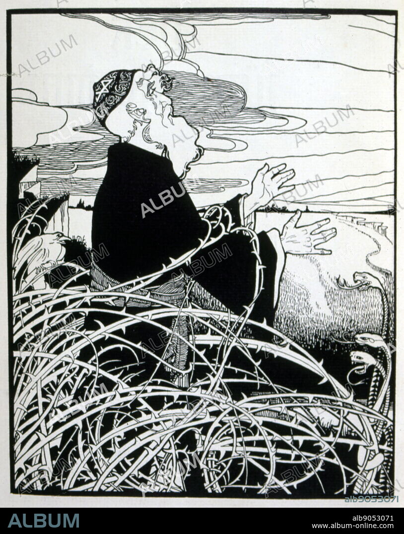 Illustration from Ephraim Moses Lilien 'Lieder des Ghetto' (songs from the ghetto) 1902, by Morris Rosenfeld (Moshe Jacob Alter) (1862 - 1923); Yiddish poet. Ephraim Moses Lilien (1874-1925), art nouveau illustrator and printmaker, noted for his art on Jewish themes. He is sometimes called the "first Zionist artist.