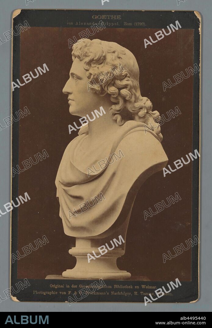 Sculpture of Goethe by Alexander Trippel Goethe von Alexander Trippel, Rom (1790) title on object), Portrait bust by sculptor Alexander Trippel., sculpture, Johann Wolfgang von Goethe, R. Tamme (mentioned on object), Dresden, c. 1870 - c. 1890, photographic paper, cardboard, albumen print, h 165 mm × w 105 mm.