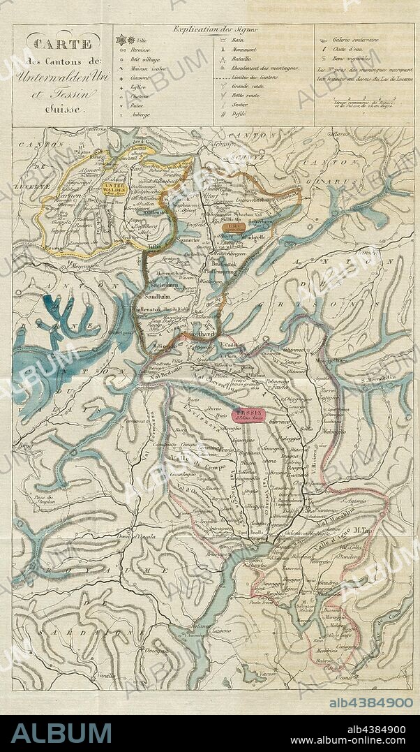 Map of the Cantons of Unterwalden Uri and Ticino. Swiss, Map of the Canton of Nidwalden, Obwalden, Uri, Glarus, Bern, Ticino and Grisons, Fig. 10, after p. 68, 1824, Charles Alexander Snoeck: Promenade aux Alpes. [Nicht ermittelbar]: [nicht ermittelbar], 1824.