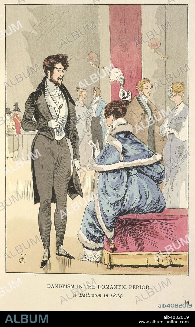 Dandyism. Fashion in Paris: the various phases of feminine t. W. Heinemann: London, 1898. Dandyism in the romantic period. A Ballroom in 1834. A gentleman wearing a grey evening suit and a lady seated wearing a blue dress with white fur. She wears a feather on her head.  Image taken from Fashion in Paris: the various phases of feminine taste and Ã¦sthetics from 1797 to 1897 From the French by Lady M. Loyd. With one hundred hand-coloured plates and two hundred and fifty text illustrations by F. Courboin...  Originally published/produced in W. Heinemann: London, 1898. . Source: 7742.de.8, plate 44. Language: English.