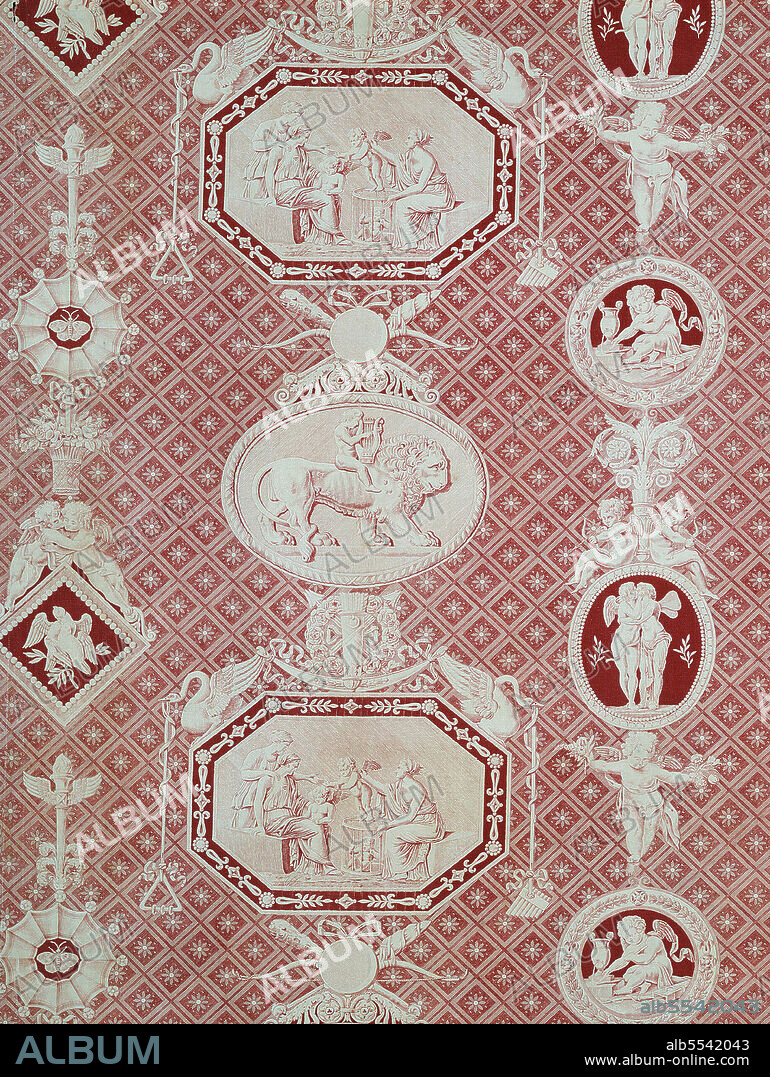 CHRISTOPHE-PHILIPPE OBERKAMPF. La Marchande d'Amour (The Merchant of Love) (Furnishing Fabric), France, 1815/17. Designed by Louis-Hippolyte LeBas, after Jacques Firmin Beauvarlet, printed and manufactured by Christophe Philippe Oberkampf. Detail from a larger artwork,.
