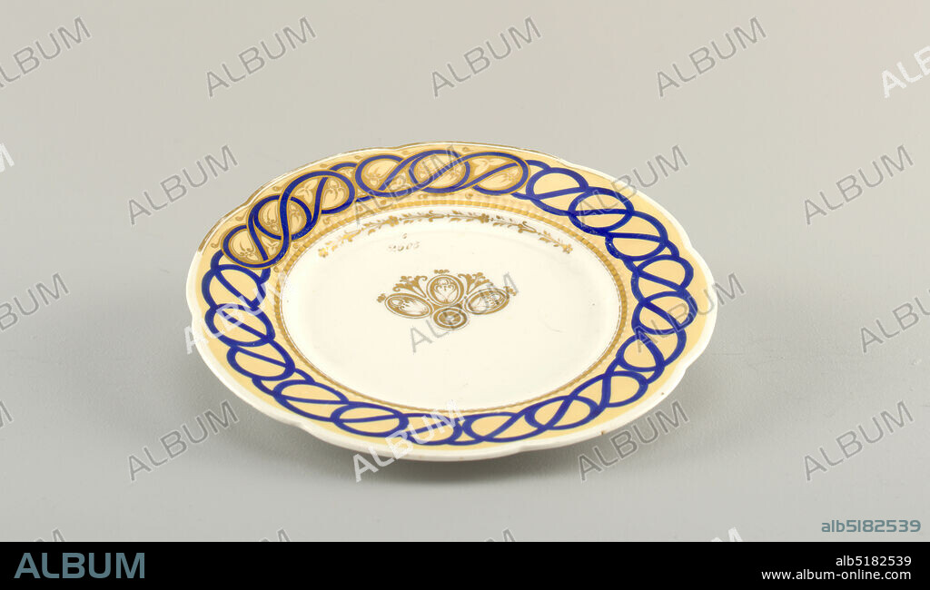 Sample Plate, hard paste porcelain, vitreous enamel, gold, Circular plate, the white body showing progressive sections of decoration around the scalloped rim: a tan ground with applied interlaced curving blue bands, and gilt floral border; the well with a section of gilt, stylized floral decoration in the center; the gilt numbers '6' over '2605' written above the decoration., England, 18701890, ceramics, Decorative Arts, plate, plate.