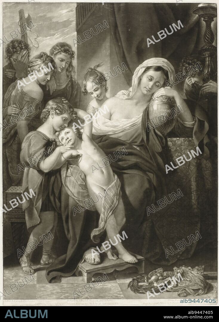 Agrippina the Elder mourning over the Ashes of Germanicus Agrippina, surrounded by her Children, weeping over the Ashes of Germannicus , print maker: Valentine Green, (mentioned on object), after: Benjamin West, (mentioned on object), publisher: John Boydell, (mentioned on object), London, Jul-1774, paper, etching, h 602 mm × w 429 mm.