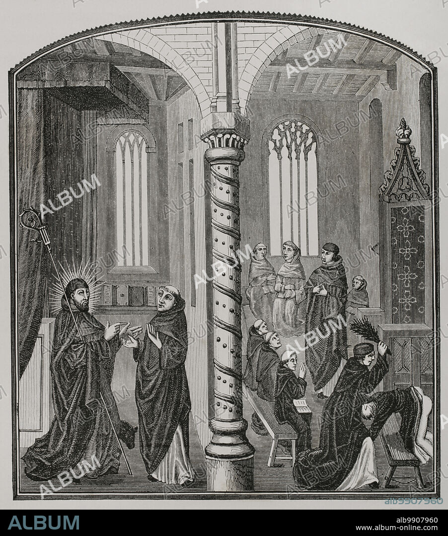 Una escuela de monjes mendicantes. Castigo de las varas. Grabado a partir de una miniatura del siglo XV. Sciences & Lettres au Moyen Age et à l'époque de la Renaissance. París, 1877.