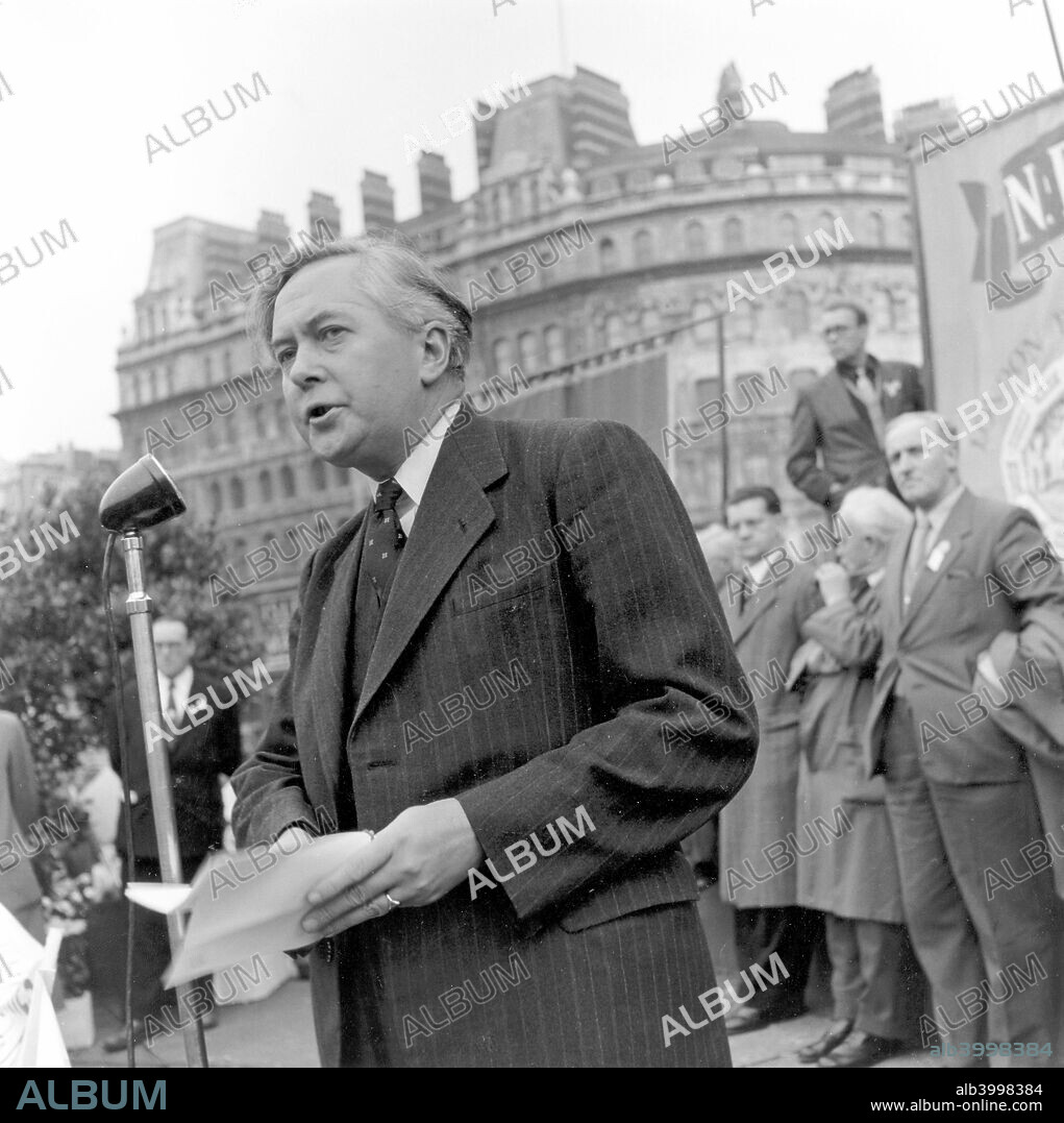 Harold Wilson speaking at a London Labour Demonstration against the Rent Act, 20 October 1957.