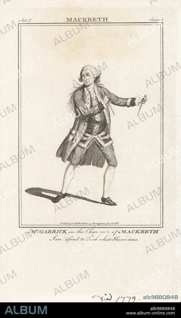 Mr Garrick in the character of Macbeth in William Shakespeare's Macbeth, Drury Lane Theatre, 7 January 1744. In wig, long coat, waistcoat, breeches and buckle shoes, holding daggers. David Garrick, 1717-1779, English actor and theatre manager. Copperplate engraving from John Bell's Edition of Shakespeare, London, January 18th, 1776.