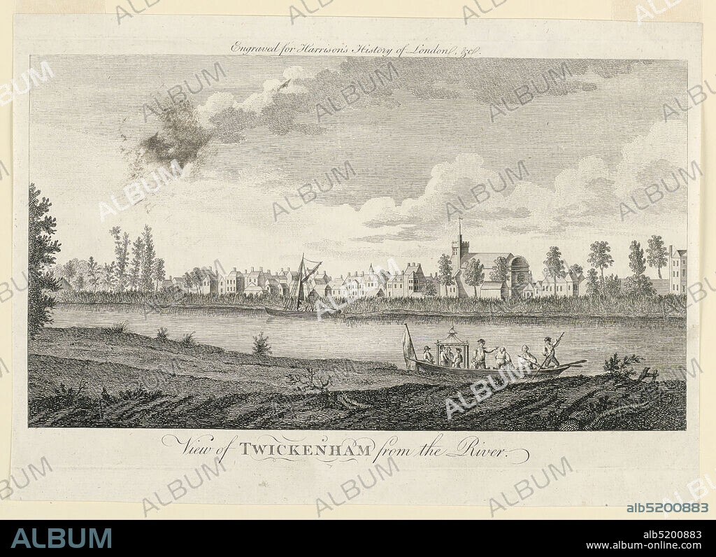 View of Twickenham, from the River Thames, from Walter Harrison's History of London, John Cooke, English, acitve 18th c., Engraving on paper, The view is taken looking across sthe Thames River, with the town of Twickenham (Berkshire) on the opposite bank. A pleasure craft with figures in the foreground. Inscribed below: 'View of TWICKENHAM from the river,' and at the top: 'Engraved for Harrison's History of London, Etc.', London, England, ca. 1750, Print, Print.