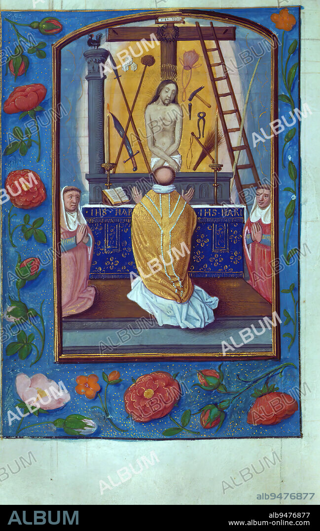 Prayer Book (compilation), Mass of St. Gregory, vision of Christ flanked by instruments of the Passion, This Prayer Book, ca. 1500, is a compilation of several texts from at least five different hands, with the miniatures featuring several hands as well. The illusionistic borders with exceptional motifs are of particular note. Borders towards the beginning of the book appear to be by a different artist, as later groups of borders differ in both design and color, with smaller motifs, less crowding, blossoming red carnations and lilies, and some amusing drolleries.