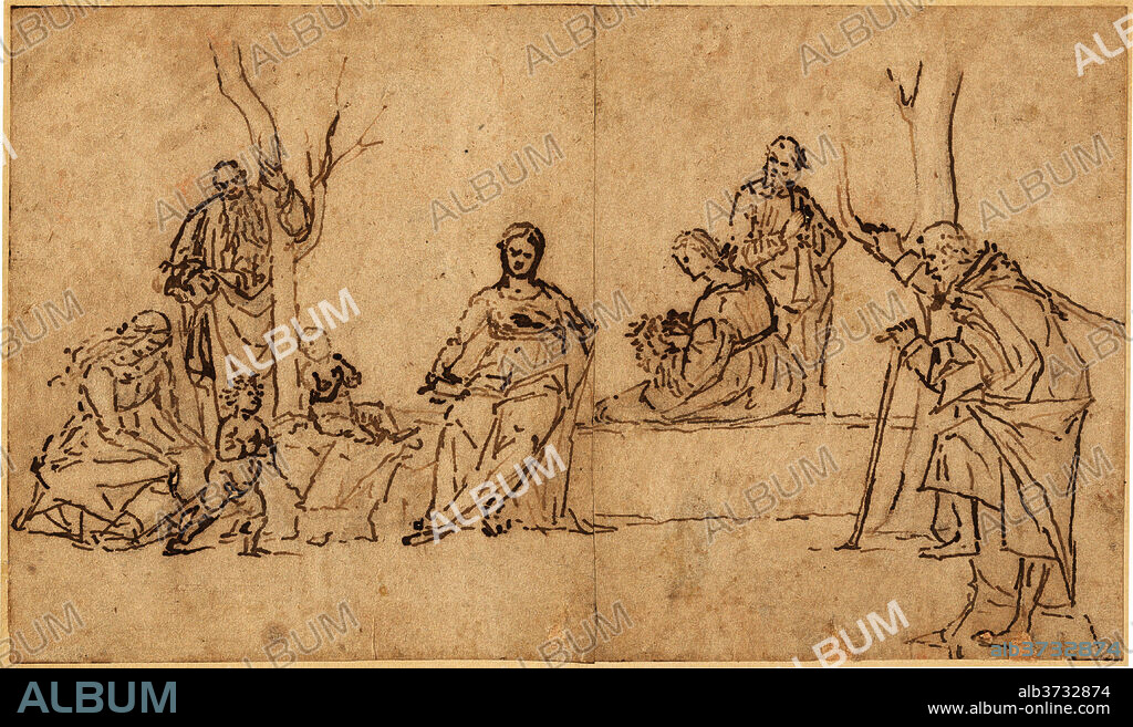 VITTORE CARPACCIO. The Madonna and Child with Saints in a Landscape (Sacra Conversazione). Dated: c. 1500. Dimensions: overall: 13.9 x 23.6 cm (5 1/2 x 9 5/16 in.). Medium: pen and brown ink (iron gall) on laid paper (cut vertically at center); laid down.