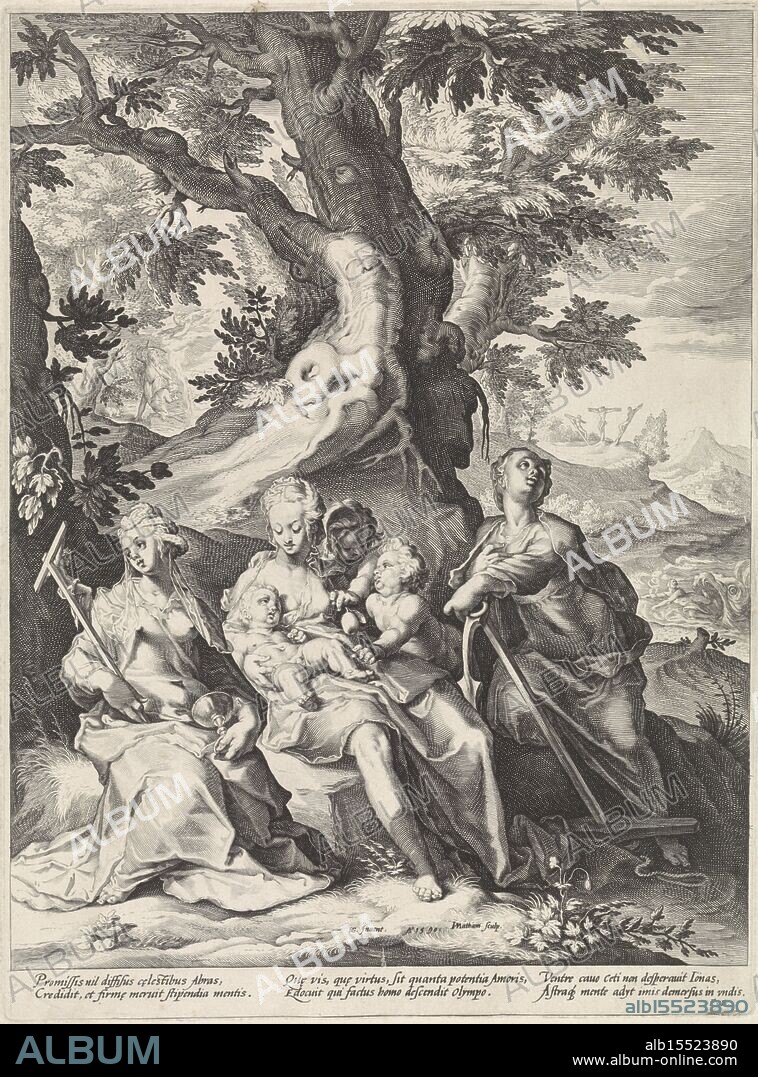 Estius, Franco, Goltzius, Hendrick, Haarlem, Matham, Jacob, Faith, Hope and Charity in a landscape, verso lower left - stamped, Faith (Fides), Hope (Spes) and Charity (Caritas) personified as three female figures in a landscape., print, prent, prints, height 368 mm, width 272 mm, Northern Netherlands, 1571-10-15 - 1631-01-20, print maker, printmaker, 1590 - 1590, paper, papier, engraving, engraving (printing process), Work conception, 1558-01 - 1617-01-01.