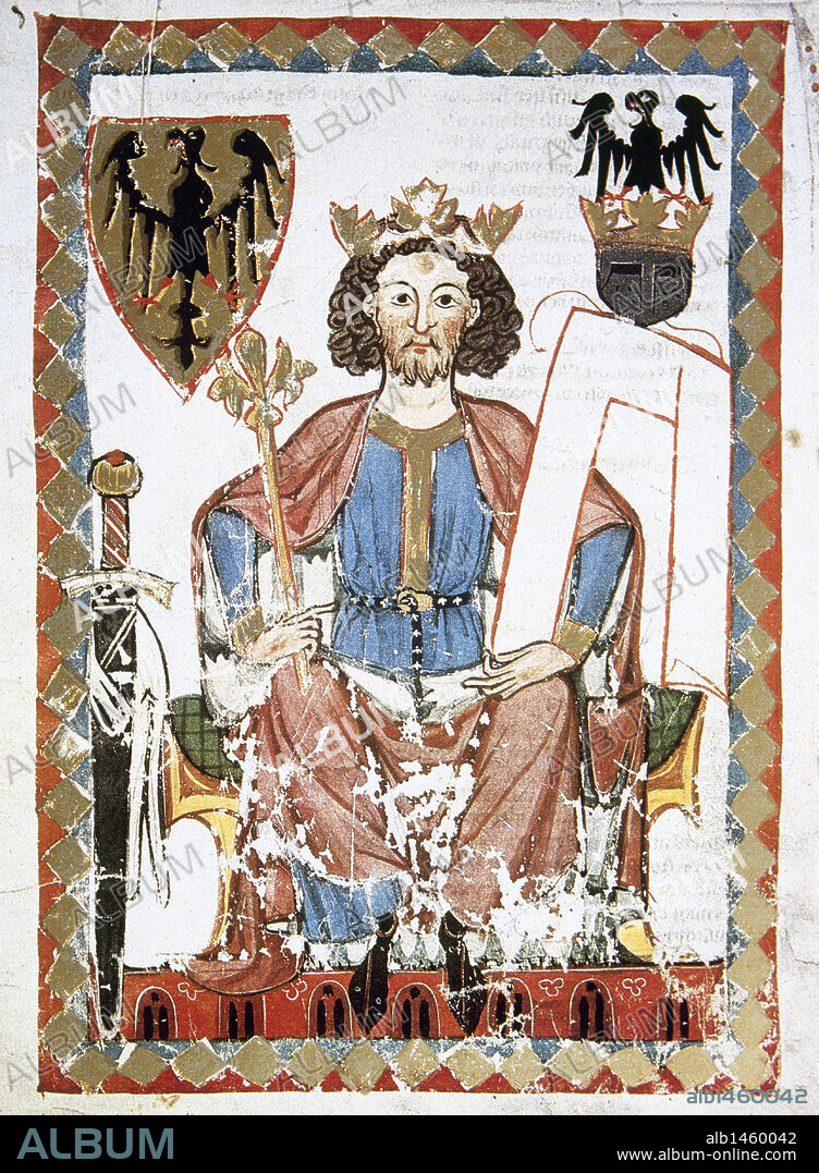ENRIQUE VI HOHENSTAUFEN (Nimega, 1165-Mesina, 1197). Rey de Italia y de Germania y emperador (1191-1197), hijo de Federico I Barbarroja. "EL EMPERADOR CON EL ESCUDO DEL IMPERIO DE LOS HABSBURGO" (Aguila con garras rojas). Miniatura del CODICE MANESSE (h. 1300) realizado por Rudiger Manesse y su hijo Johannes. Fol. 6r. Biblioteca Universitaria. Heidelberg. Alemania.