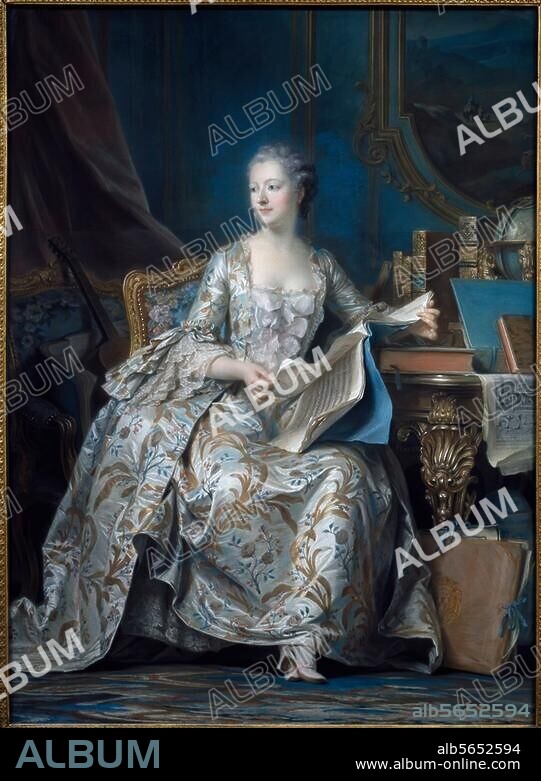 MAURICE QUENTIN DE LATOUR. Pompadour, Jeanne Antoinette Poisson, Marquise de (called Madame Pompadour), mistress of Louis XV, Paris 29.12.1721 - Versailles 15.4.1764. Portrait. Pastel, 1752-55, by Maurice Quentin de La Tour (1704-1788). 175 × 128cm. Paris, Musée du Louvre.