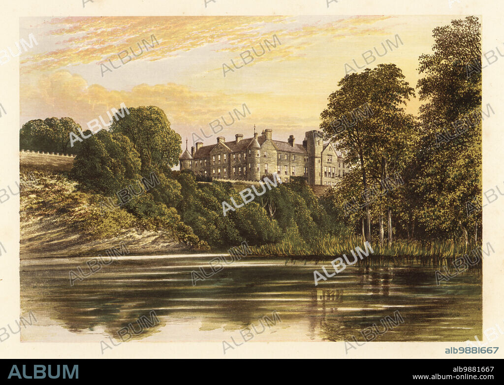 Brechin Castle, Angus, Scotland. Medieval stone castle built in the 13th century and remodelled by architects Alexander Edward in the 18th century for James Maule, 4th Earl of Panmure. Battlement walls and tower added in the mid 1800s, Colour woodblock by Benjamin Fawcett in the Baxter process of an illustration by Alexander Francis Lydon from Reverend Francis Orpen Morriss Picturesque Views of the Seats of Noblemen and Gentlemen of Great Britain and Ireland, William Mackenzie, London, 1880.