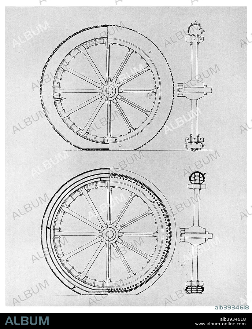 The first pneumatic tyre, 1845 (1956). Robert William Thomson (1822-1873) a Scottish inventor, first patented the pneumatic tyre in 1845. He was frustrated by the lack of thin rubber and returned to making solid tyres. In 1888 John Boyd Dunlop was granted a patent for his pneumatic bicycle tyre, but this was revoked in 1890 when it was ruled that Thomson's patent anticipated Dunlop's. A print from Things, a volume about the origin and early history of many things, common and less common, essential and inessential, by Readers Union The Grosvenor Press, London, 1956.