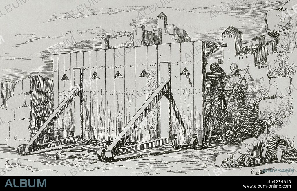 Middle Ages. Mantlet. Large shield or portable shelter used for stopping projectiles. Wood mantlet on wheels. Engraving by Serra. Museo Militar, 1883.