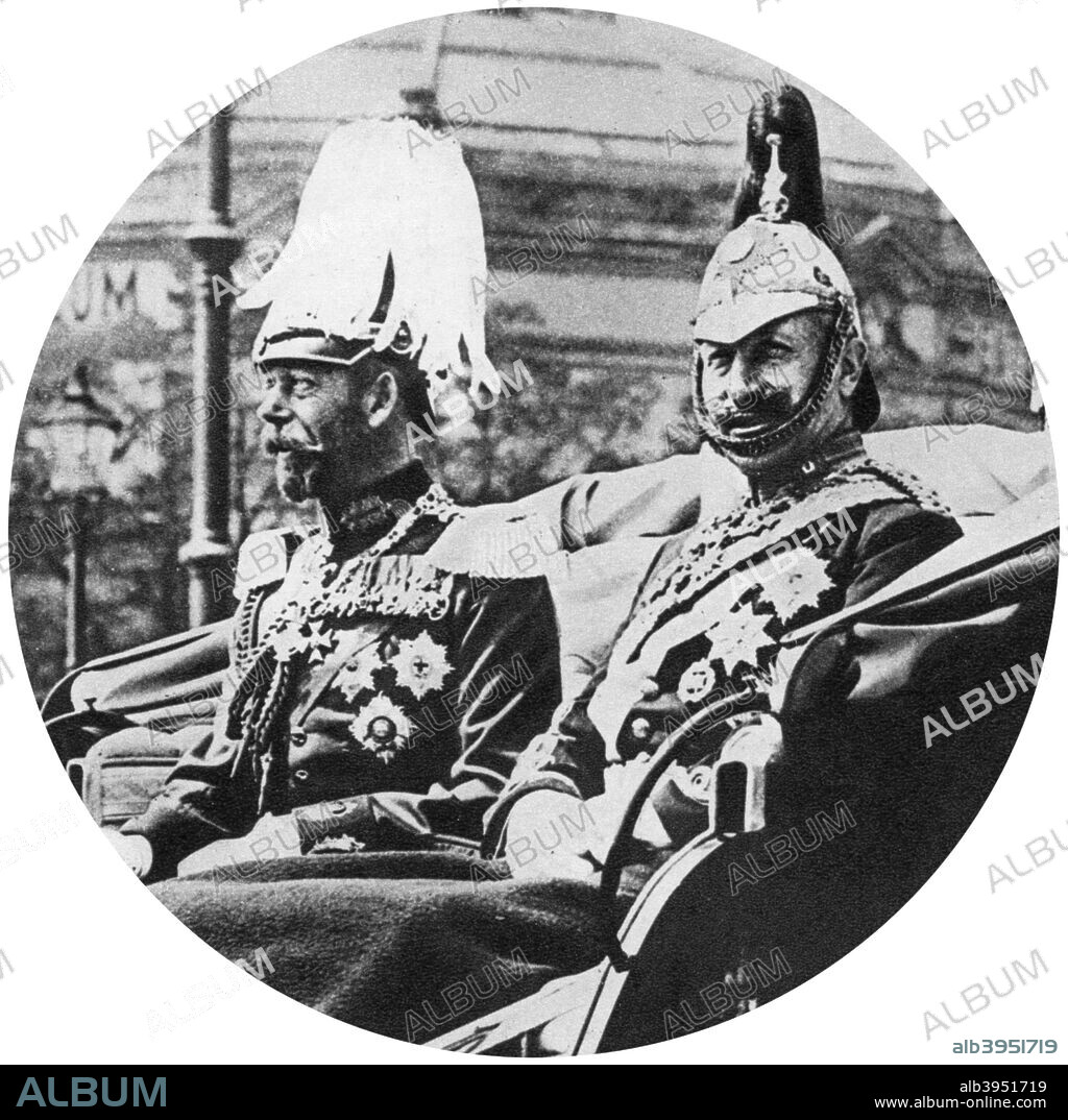 King George V of Great Britain and the German Kaiser, Berlin, 1913. George V was Kaiser Wilhelm's uncle. Wilhelm II, Emperor of Germany, King of Prussia, was the son of Frederick III and Victoria Adelaide Mary Louise, eldest daughter of Queen Victoria of Britain. Illustration from George V and Edward VIII, A Royal Souvenir, by FGH Salusbury, a souvenir book published as Edward VIII was crowned following the death of his father, George V, (Daily Express Publication, London, 1936).