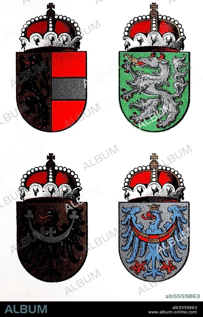 Coat of Arms of the Austro-Hungarian Crown Lands: Salzburg, Styria, Silesia, Carniola, 1890, digitally restored reproduction of an original 19th century template