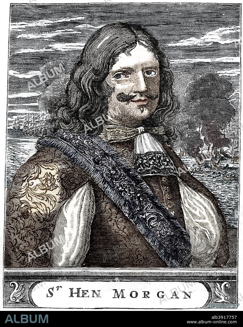 Captain Morgan, 17th century buccaneer, c1880. Born in Wales, Captain Henry Morgan (1635-1688) was a notorious pirate and buccaneer who, with the tacit support of the English government, harried and plundered Spain's Caribbean colonies. In the Anglo-Dutch War of 1665-1667 he did the same to the Dutch. Morgan captured Panama in 1671, but after a peace agreement was signed with Spain, he was arrested and sent to London. His fortunes changed again in 1674, when he was knighted by Charles II, who sent him abroad again as deputy governor of Jamaica. A print from Cassell's History of the United States, by Edmund Ollier, Volume I, Cassell Petter and Galpin, London, c1880. (Colorised black and white print).
