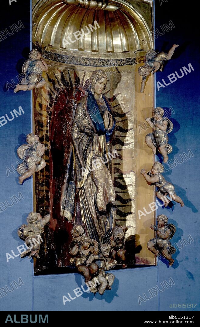 ALONSO BERRUGUETE (1488-1561). VIRGEN RODEADA DE NIÑOS ANGELES-PERTENECIENTE AL RETABLO DE SAN BENITO-1526-MANIERISMO ESPAÑOL.