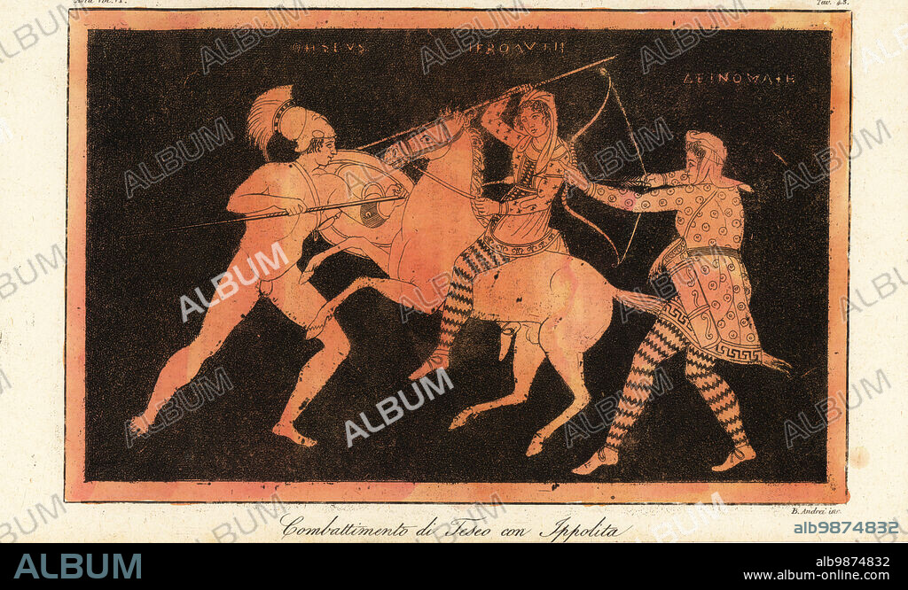 Theseus, king of Athens, killing the Amazon queen Hippolyta with a spear. Hippolyta wears Anassiridi pantalons, Scythian shoes and a tunic decorated with stars. The Amazon warrior Deinomache, wearing an old Scythian style tunic, defends her queen with Scythian bow and quiver of arrows. Combattimento di Teseo con Ippolita. From a Roman vase. Handcoloured copperplate engraving by B. Andrei from Giulio Ferrarios Costumes Ancient and Modern of the Peoples of the World, Il Costume Antico e Moderno, Florence, 1847.
