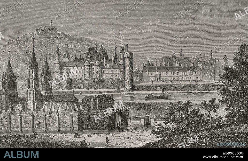 France. Paris. View of Saint-Germain-des-Prés and Pré aux Clercs under reign of Charles V. Abbey of Saint-Germain-des-Prés (in the foreground), the Louvre (centre), the Petit-Bourbon (on the right), the Seine River and Montmartre ( top of the hill). Facsimile of an engraving from 1724 in Dom Jacques Bouillart's "Histoire de l'Abbaye Royale de Saint Germain des Prez". Sciences & Lettres au Moyen Age et à l'époque de la Renaissance. Paris, 1877.