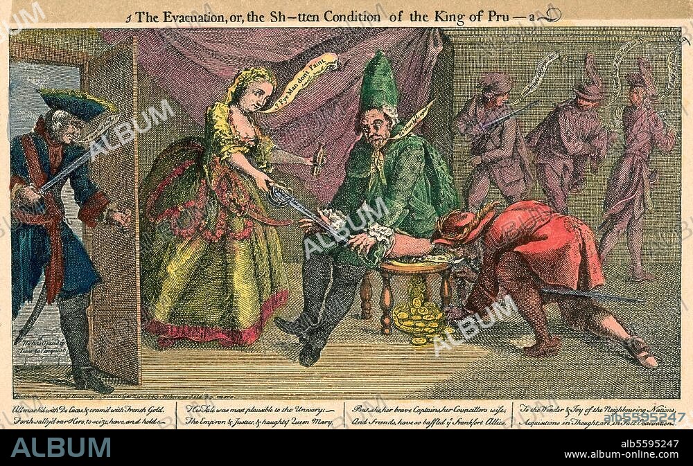2. Schlesischer Krieg 1744-45. - "The Evacuation, or the Sh-tten Condition of the King of Pru-a". (Karikatur auf die preußischen und französischen Niederlagen Ende 1744; Kaiserin Maria Theresia gibt Ludwig XV. v. Frankreich Abführmittel; in der Tür Friedrich der Große). Kupferstich, 1745, von George Bickham (gest. 1758).