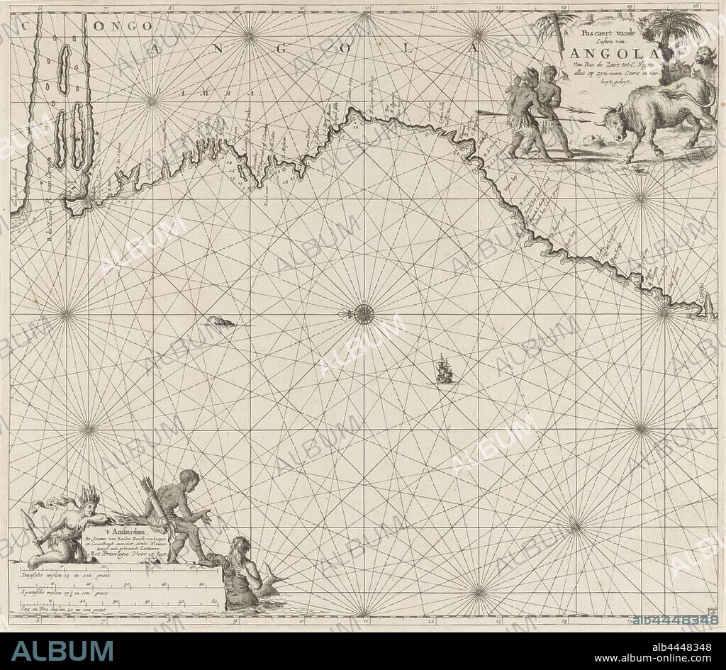 Passport map of the coasts of Congo and Angola Pas caert of the Custen of Angola (title on object), Passport map of the coasts of Congo and Angola, two compass roses, the North is on the right. Top right the title and address of the publisher, surrounded by two men who have their arrows on a bull. Bottom left two armed men in conversation with a merman at the scale, which is shown in German, Spanish and English or French miles (scale: c. 1: 1 200 000), merman, conversation, dialogue, conversation piece, bull, African Negro, sailing-ship, sailing-boat, Angola, Congo, Jan Luyken, Amsterdam, 1683 - 1799, paper, engraving, h 514 mm × w 595 mm.
